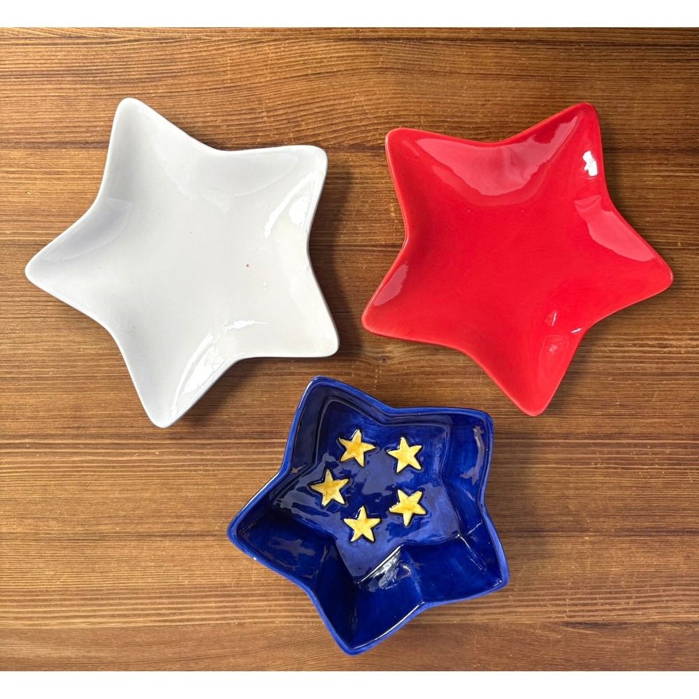Fourstar Patriotic Stars Star Snack Bowls Set of 3 Ceramic 6" Red White Blue